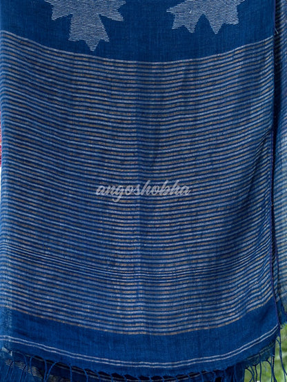 Blue Body Synchronised with Jamdani Design Golden & Silver Stripes Pallu Ribbon Border Handwoven Saree