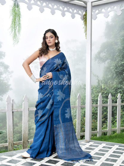 Blue Body Synchronised with Jamdani Design Golden & Silver Stripes Pallu Ribbon Border Handwoven Saree