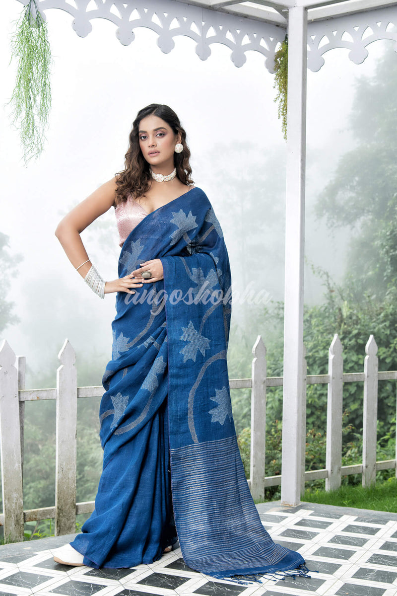 Blue Body Synchronised with Jamdani Design Golden & Silver Stripes Pallu Ribbon Border Handwoven Saree