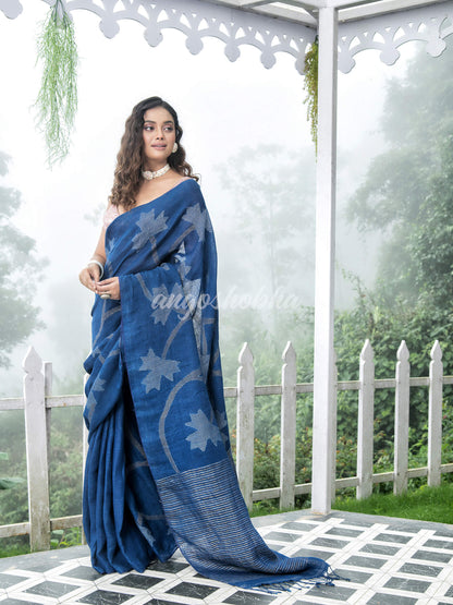 Blue Body Synchronised with Jamdani Design Golden & Silver Stripes Pallu Ribbon Border Handwoven Saree