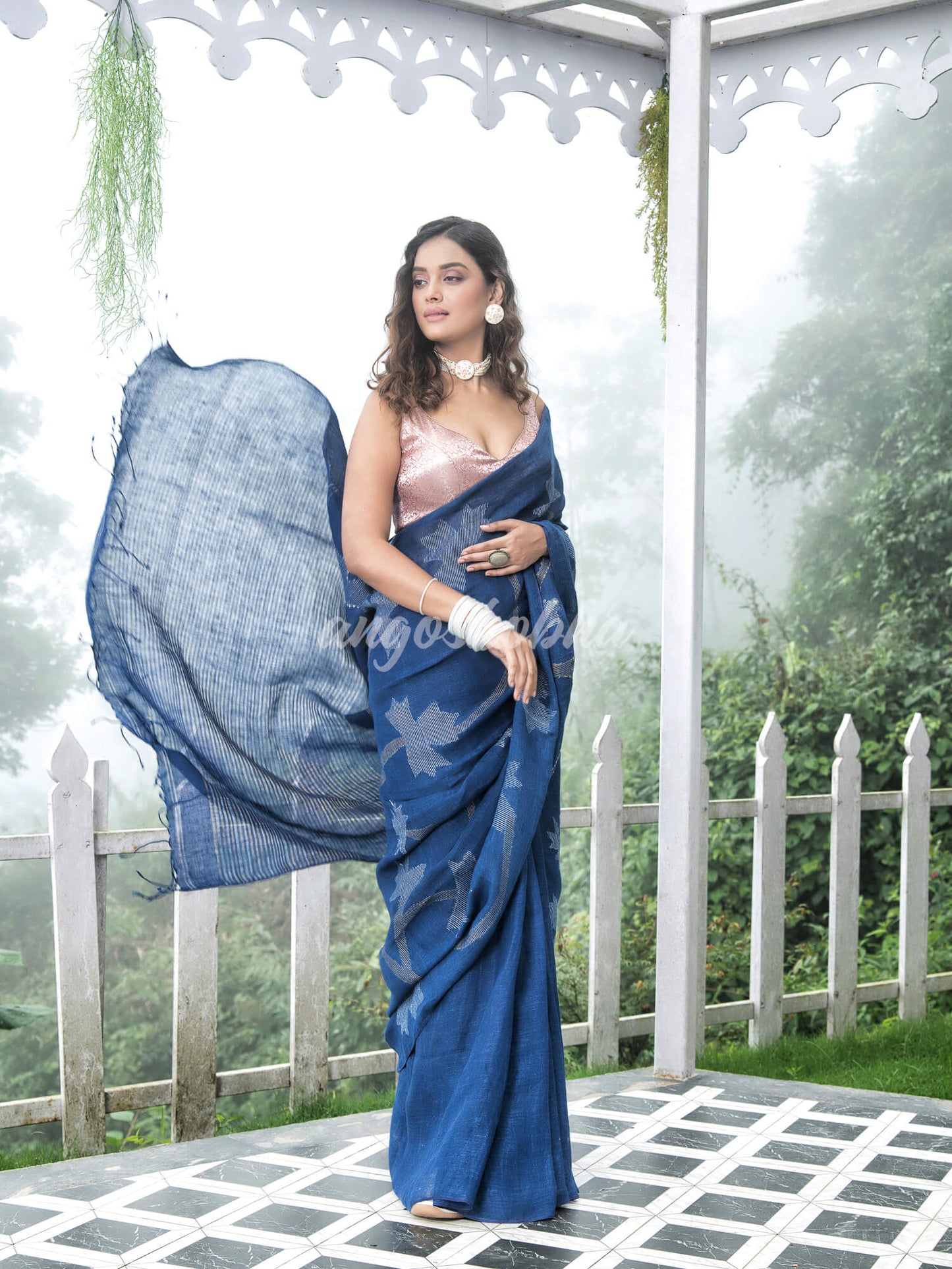 Blue Body Synchronised with Jamdani Design Golden & Silver Stripes Pallu Ribbon Border Handwoven Saree