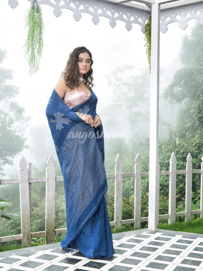 Blue Body Synchronised with Jamdani Design Golden & Silver Stripes Pallu Ribbon Border Handwoven Saree