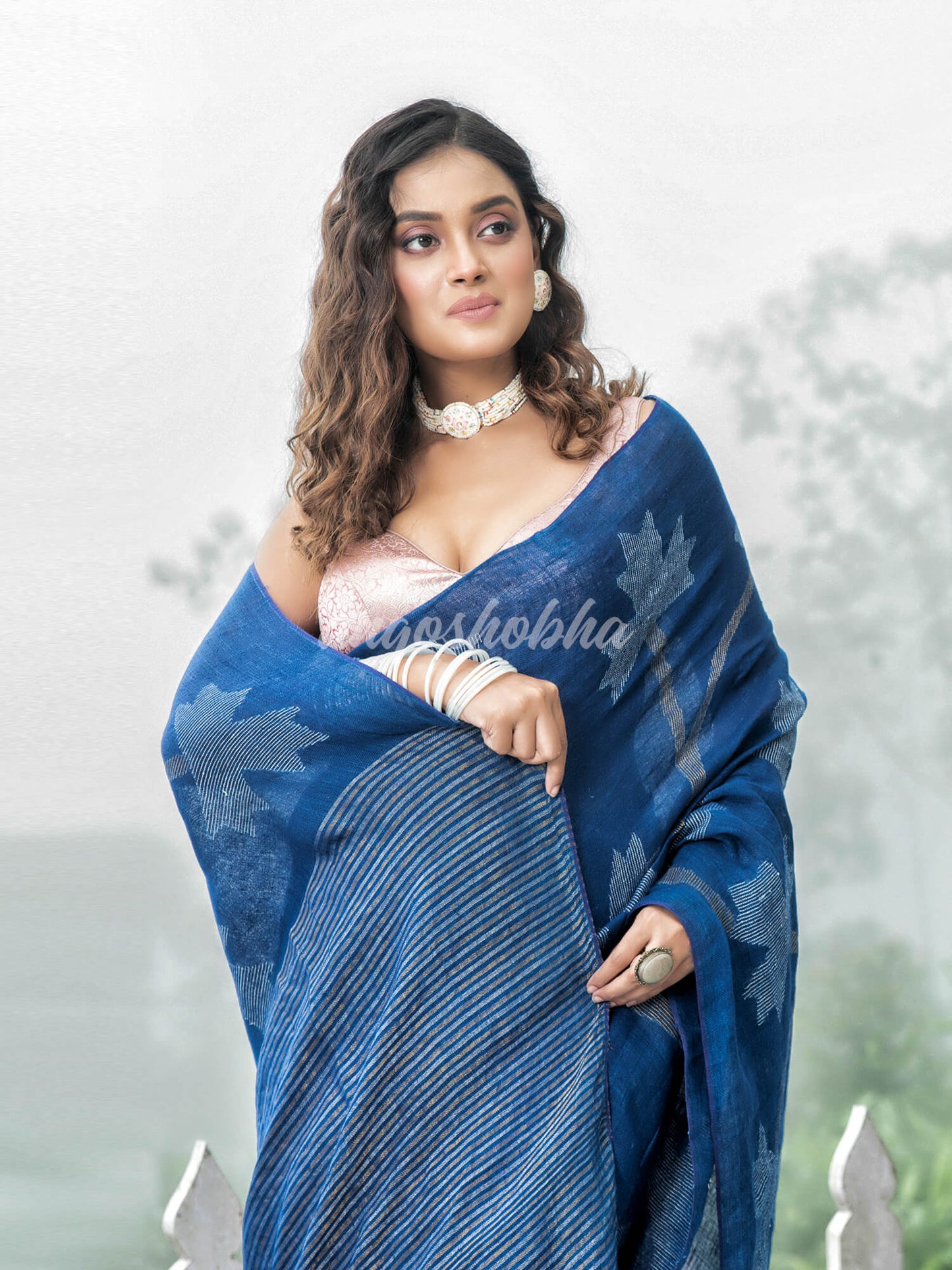 Blue Body Synchronised with Jamdani Design Golden & Silver Stripes Pallu Ribbon Border Handwoven Saree