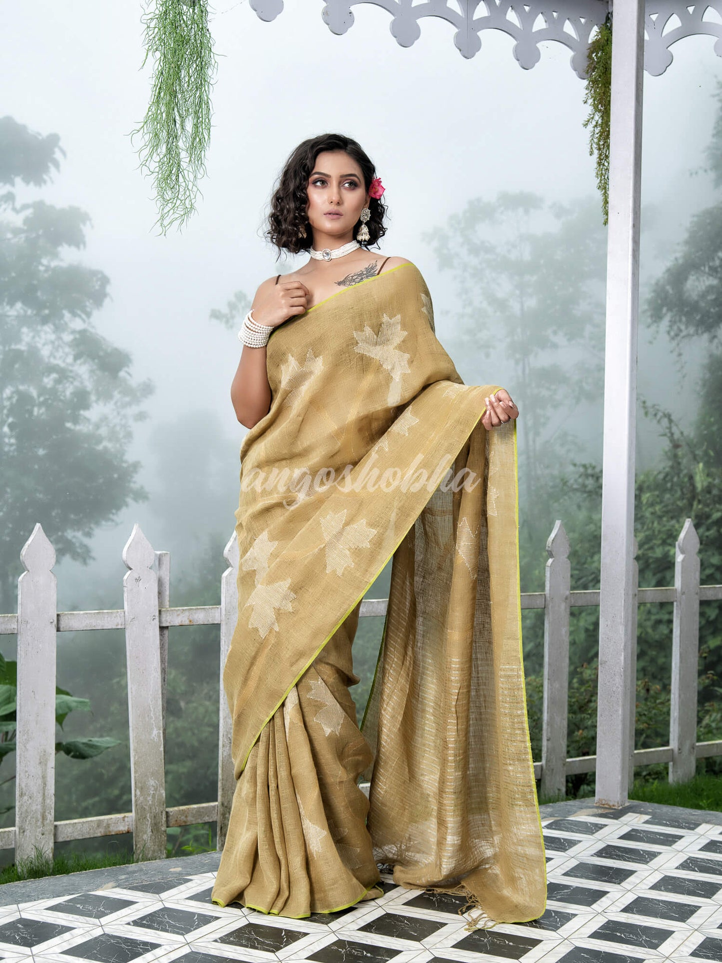 Sage Green Body Synchronised with Jamdani Design Golden & Silver Stripes Pallu Ribbon Border Handwoven Saree