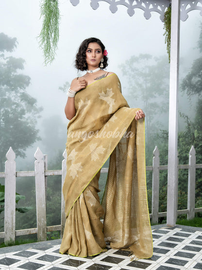 Sage Green Body Synchronised with Jamdani Design Golden & Silver Stripes Pallu Ribbon Border Handwoven Saree