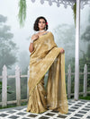 Sage Green Body Synchronised with Jamdani Design Golden & Silver Stripes Pallu Ribbon Border Handwoven Saree