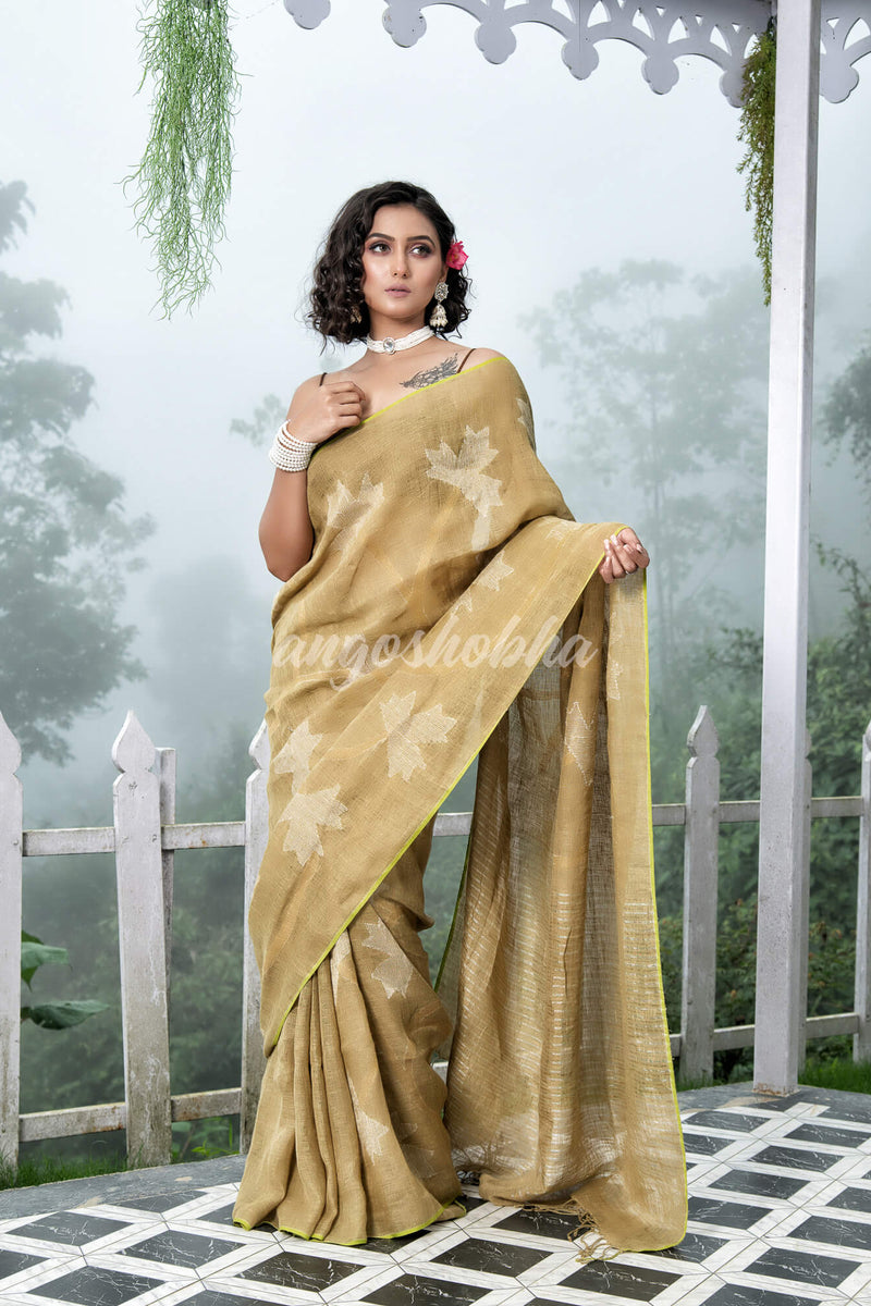 Sage Green Body Synchronised with Jamdani Design Golden & Silver Stripes Pallu Ribbon Border Handwoven Saree