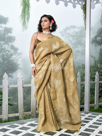 Sage Green Body Synchronised with Jamdani Design Golden & Silver Stripes Pallu Ribbon Border Handwoven Saree
