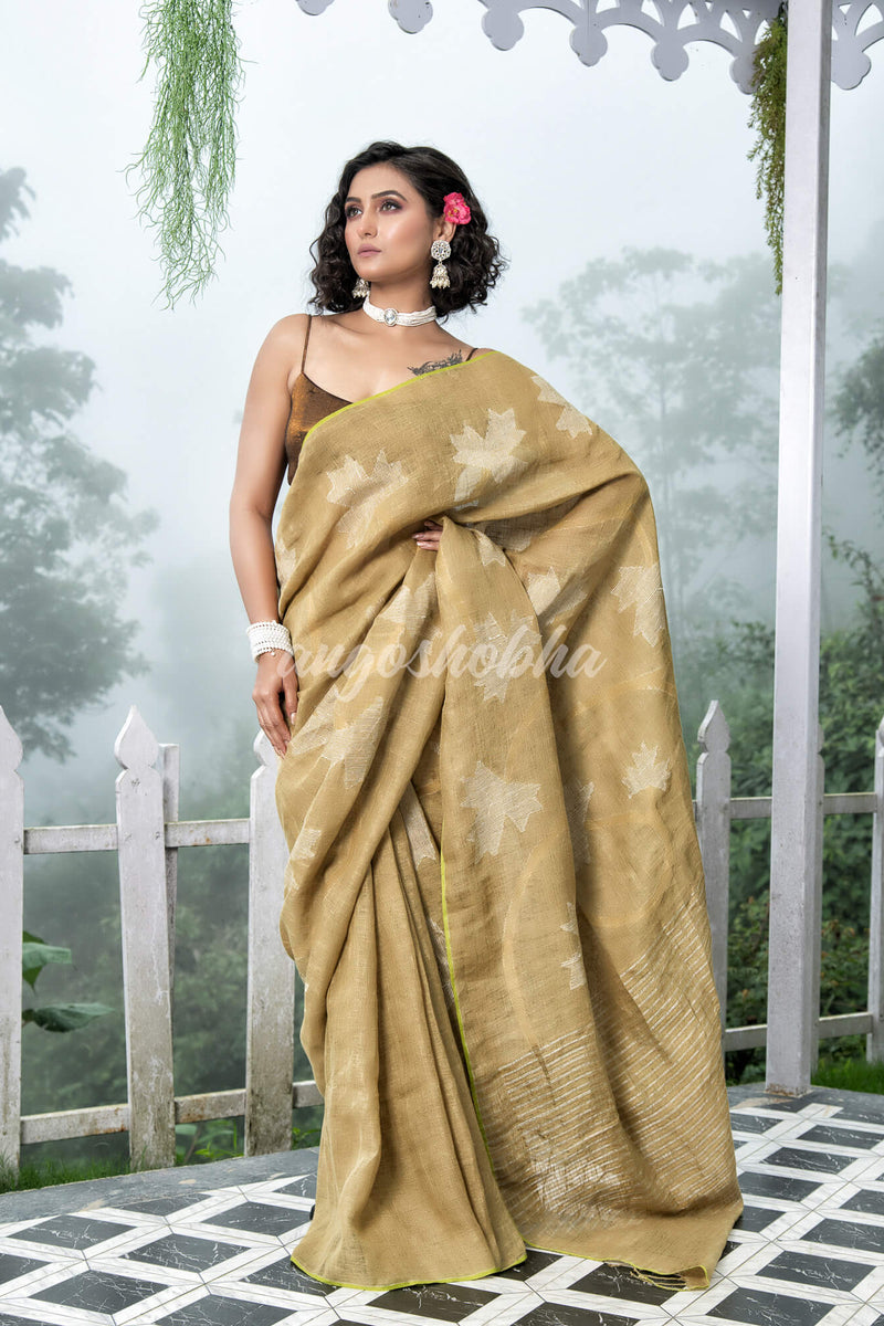 Sage Green Body Synchronised with Jamdani Design Golden & Silver Stripes Pallu Ribbon Border Handwoven Saree