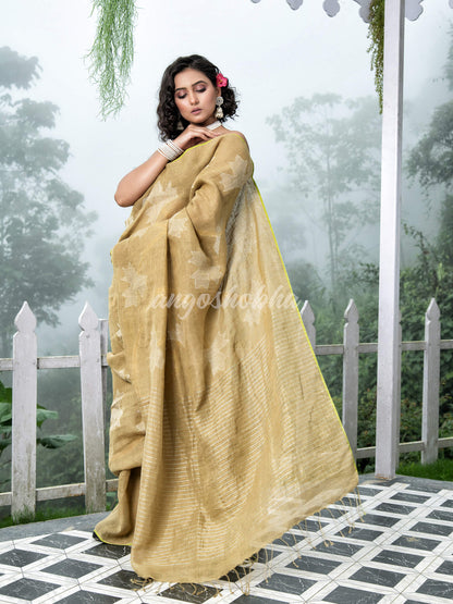 Sage Green Body Synchronised with Jamdani Design Golden & Silver Stripes Pallu Ribbon Border Handwoven Saree
