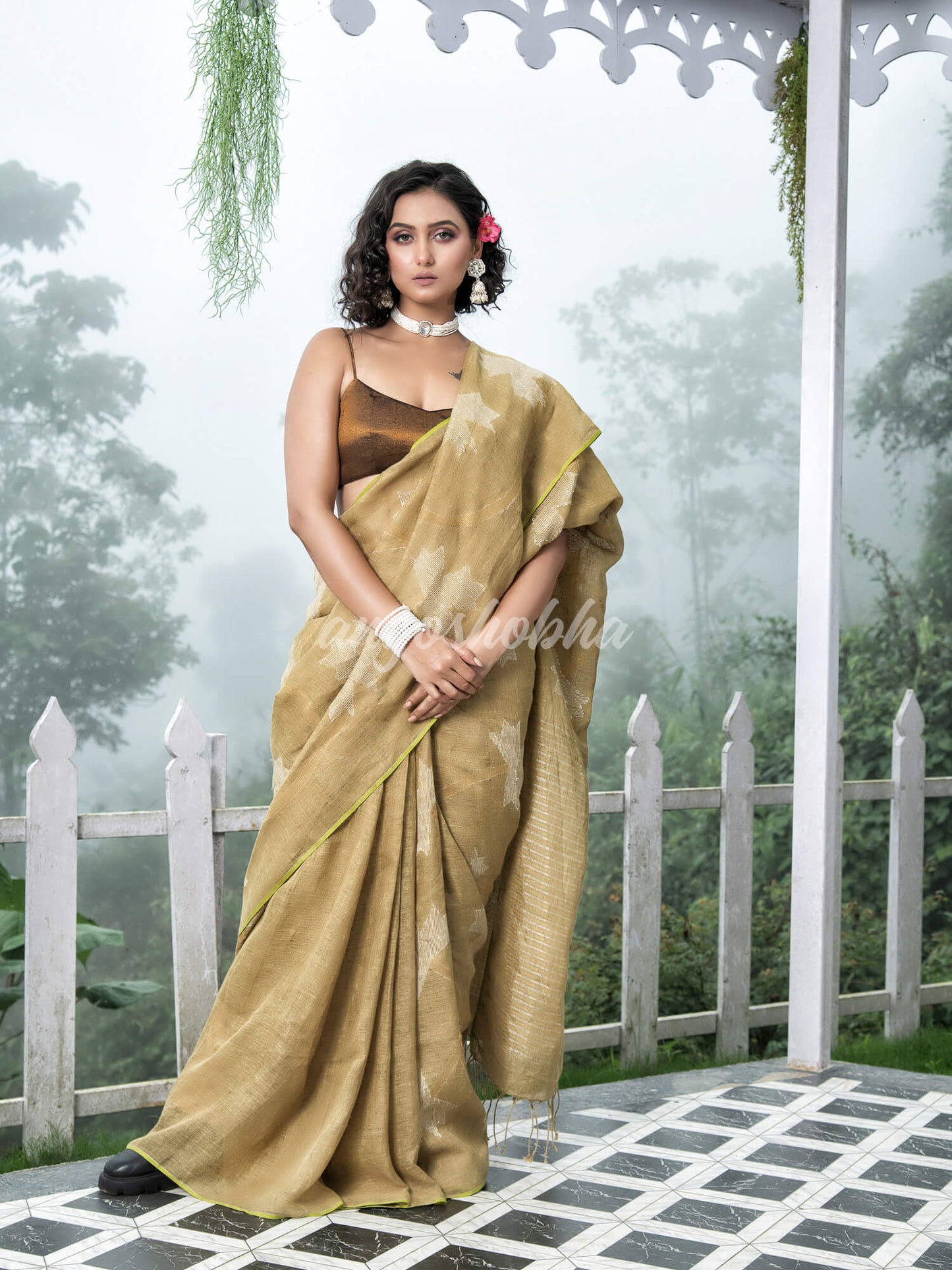 Sage Green Body Synchronised with Jamdani Design Golden & Silver Stripes Pallu Ribbon Border Handwoven Saree