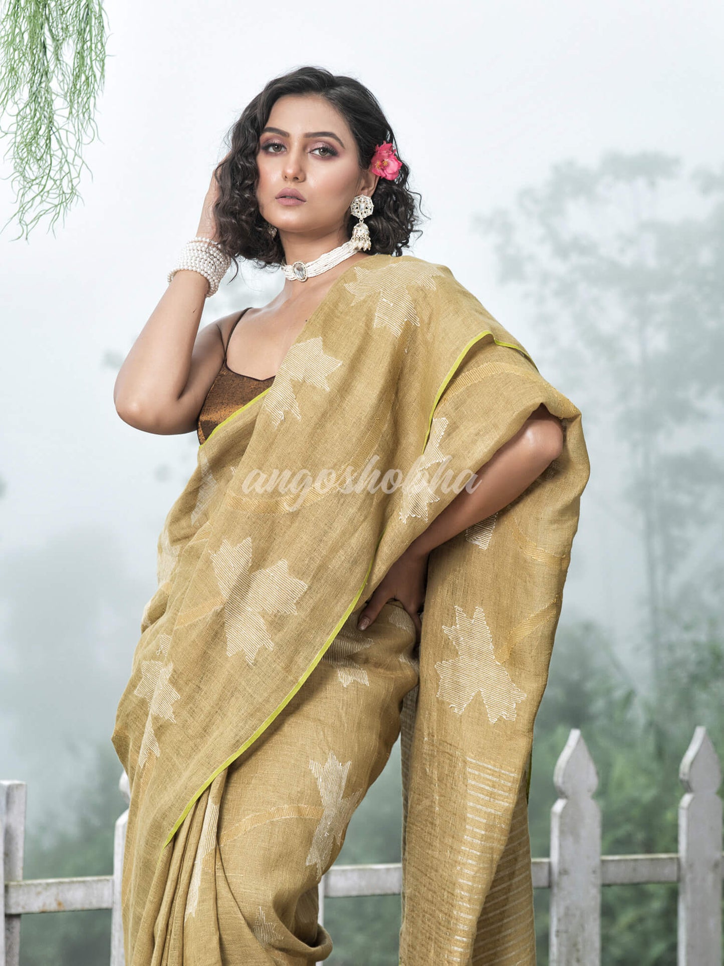 Sage Green Body Synchronised with Jamdani Design Golden & Silver Stripes Pallu Ribbon Border Handwoven Saree