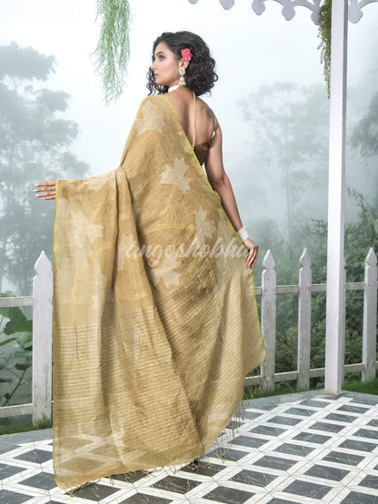 Sage Green Body Synchronised with Jamdani Design Golden & Silver Stripes Pallu Ribbon Border Handwoven Saree