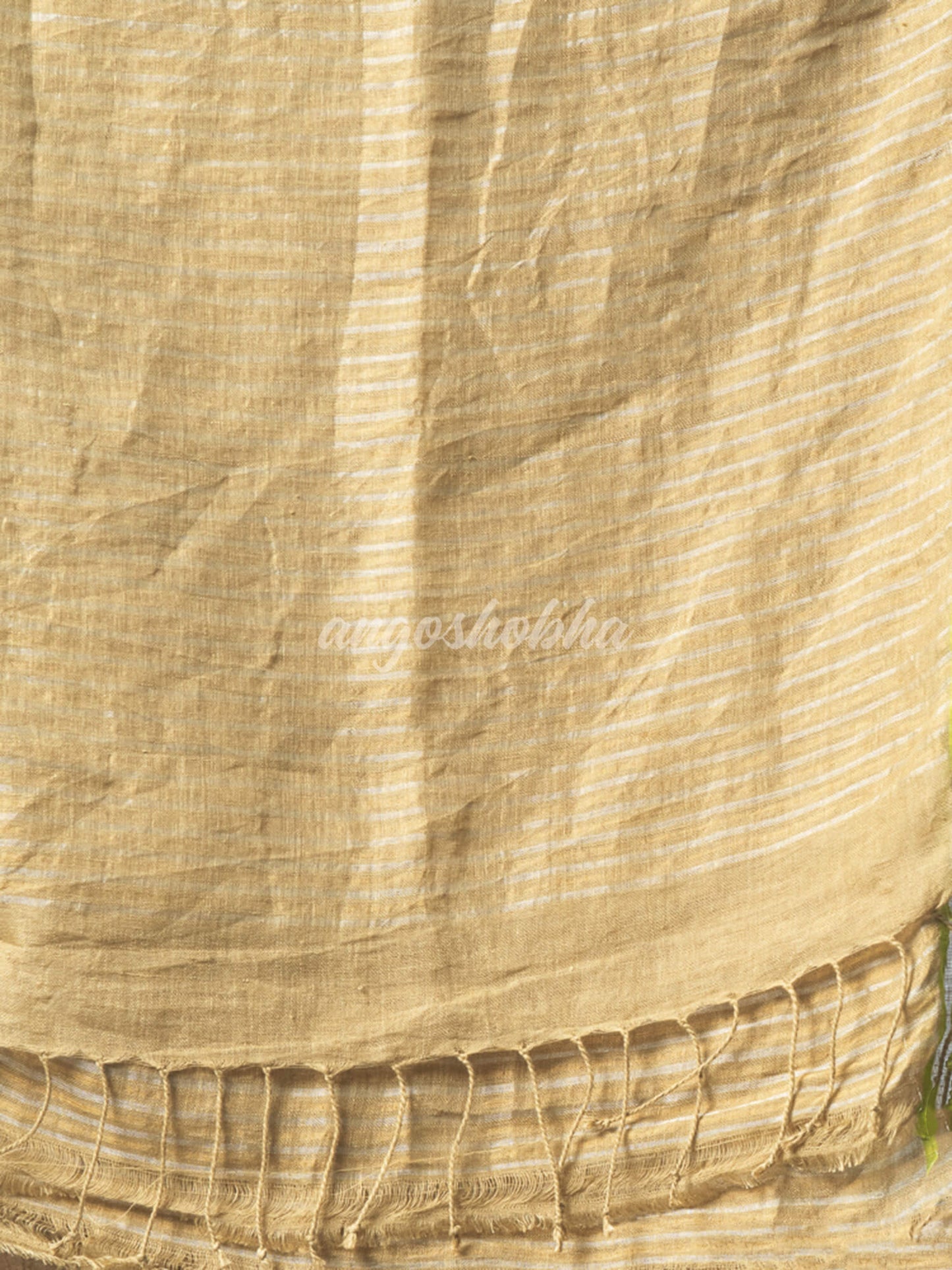 Sage Green Body Synchronised with Jamdani Design Golden & Silver Stripes Pallu Ribbon Border Handwoven Saree