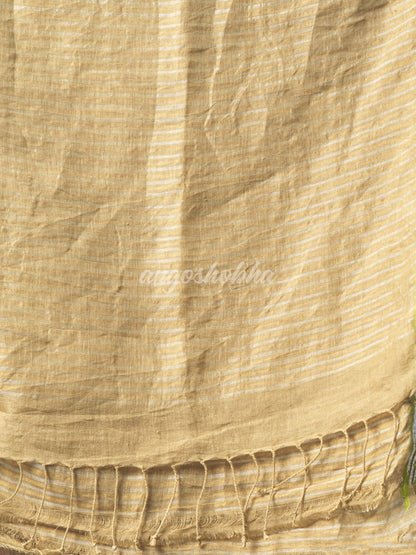Sage Green Body Synchronised with Jamdani Design Golden & Silver Stripes Pallu Ribbon Border Handwoven Saree