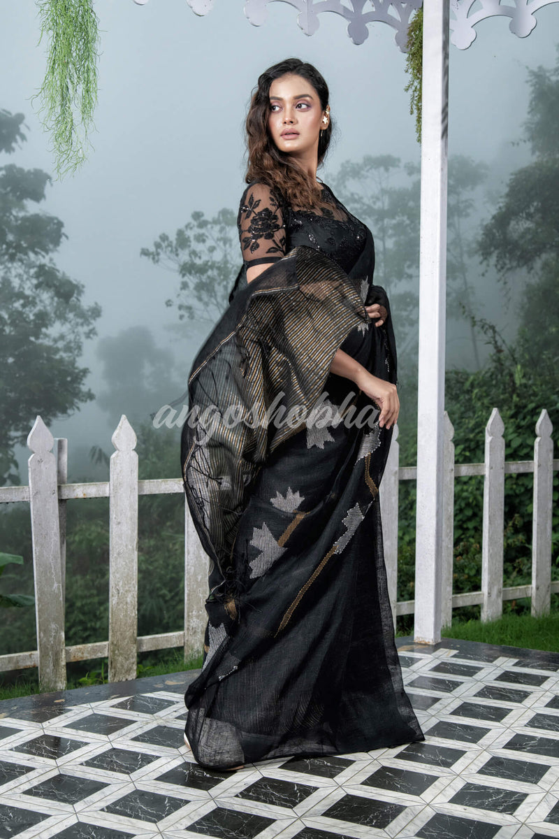 Black  Body Synchronised with Jamdani Design Golden & Silver Stripes Pallu Ribbon Border Handwoven Linen Saree