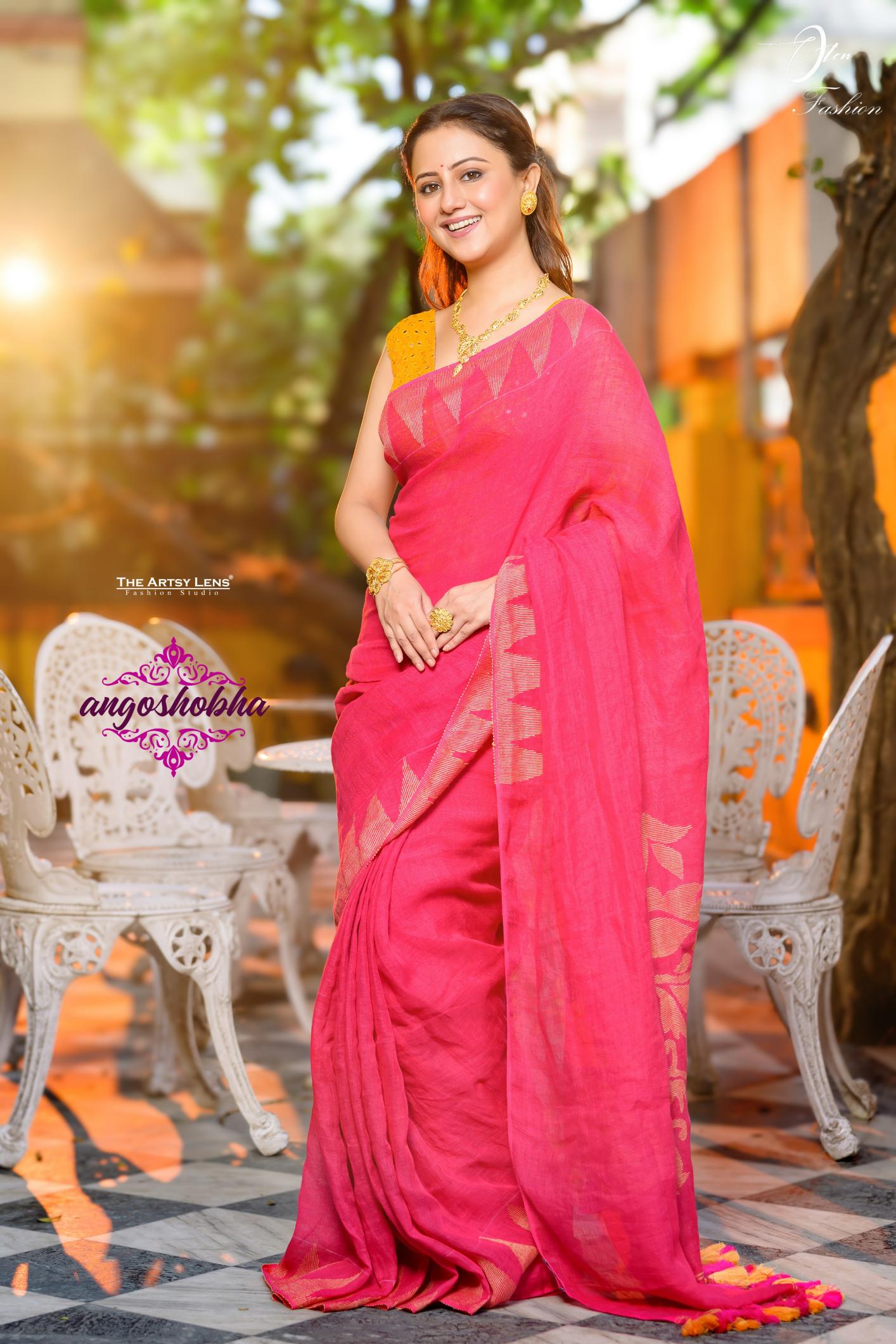 Pink Colour Temple Border With Jamdani Pallu Handloom Linen Saree