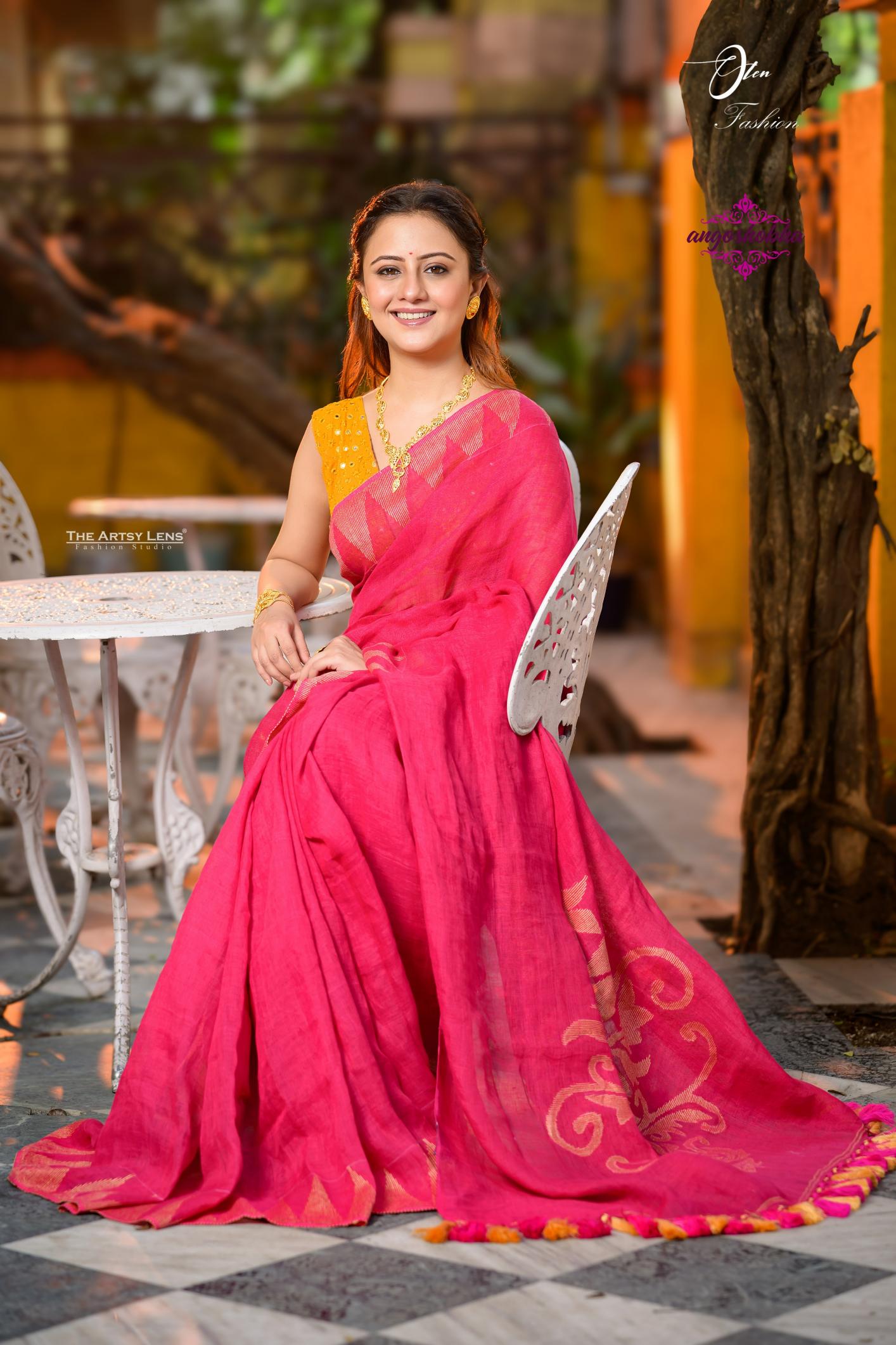 Pink Colour Temple Border With Jamdani Pallu Handloom Linen Saree