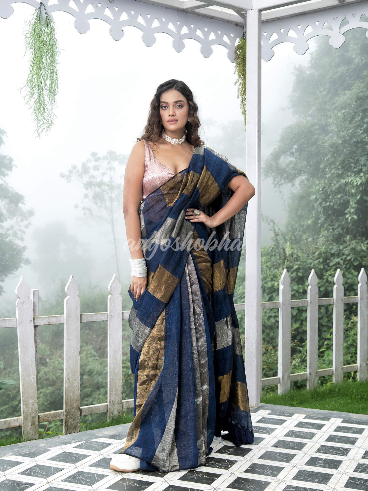 Blue Linen Multicolor Tissue Body with Blue  Tassels  Handwoven Saree