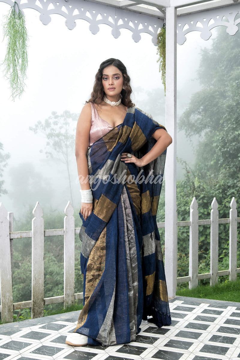 Blue Linen Multicolor Tissue Body with Blue  Tassels  Handwoven Saree