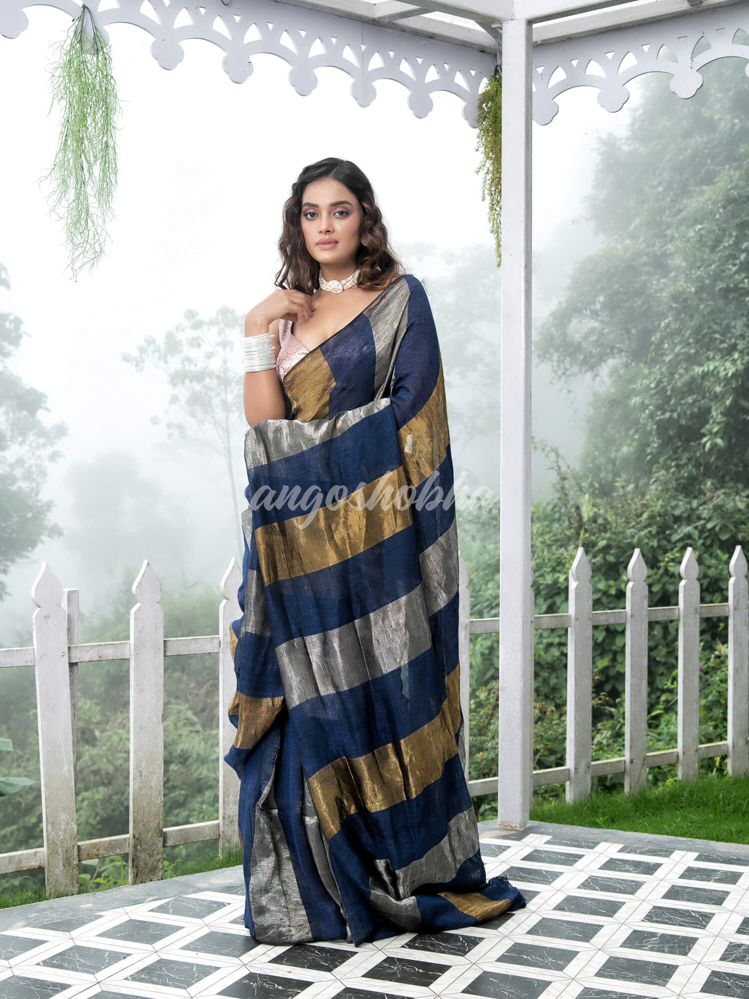 Blue Linen Multicolor Tissue Body with Blue  Tassels  Handwoven Saree