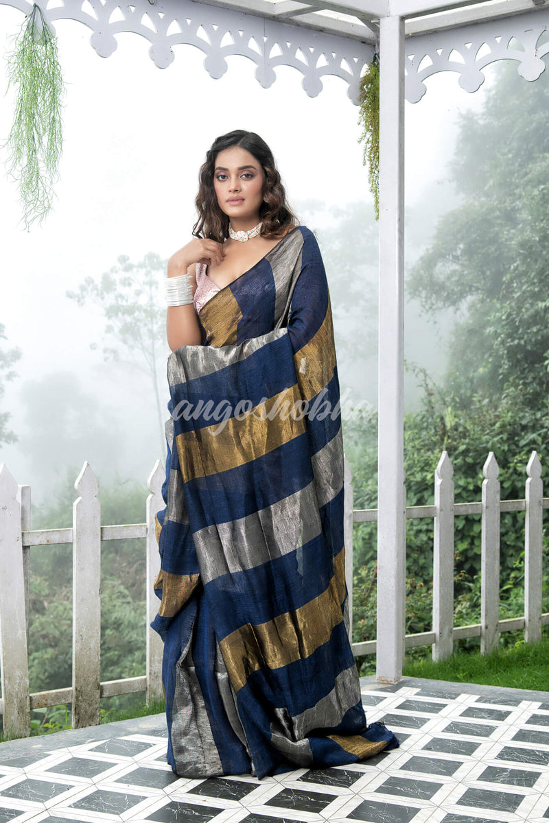 Blue Linen Multicolor Tissue Body with Blue  Tassels  Handwoven Saree
