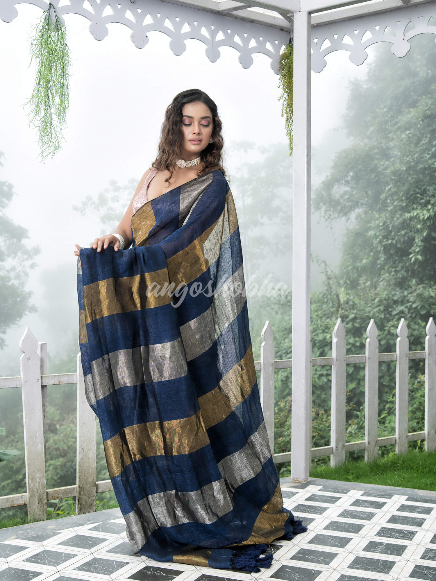 Blue Linen Multicolor Tissue Body with Blue  Tassels  Handwoven Saree