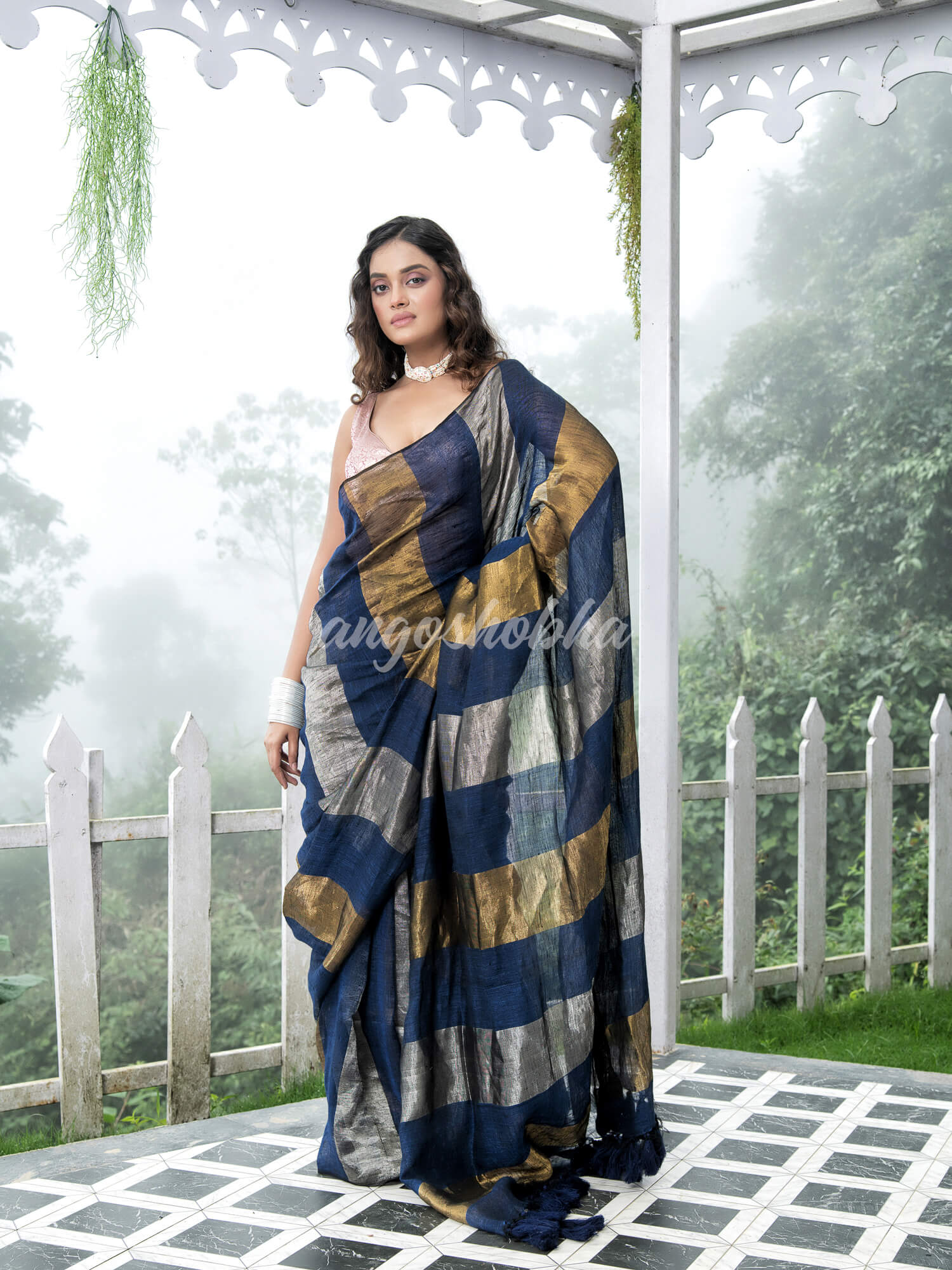 Blue Linen Multicolor Tissue Body with Blue  Tassels  Handwoven Saree