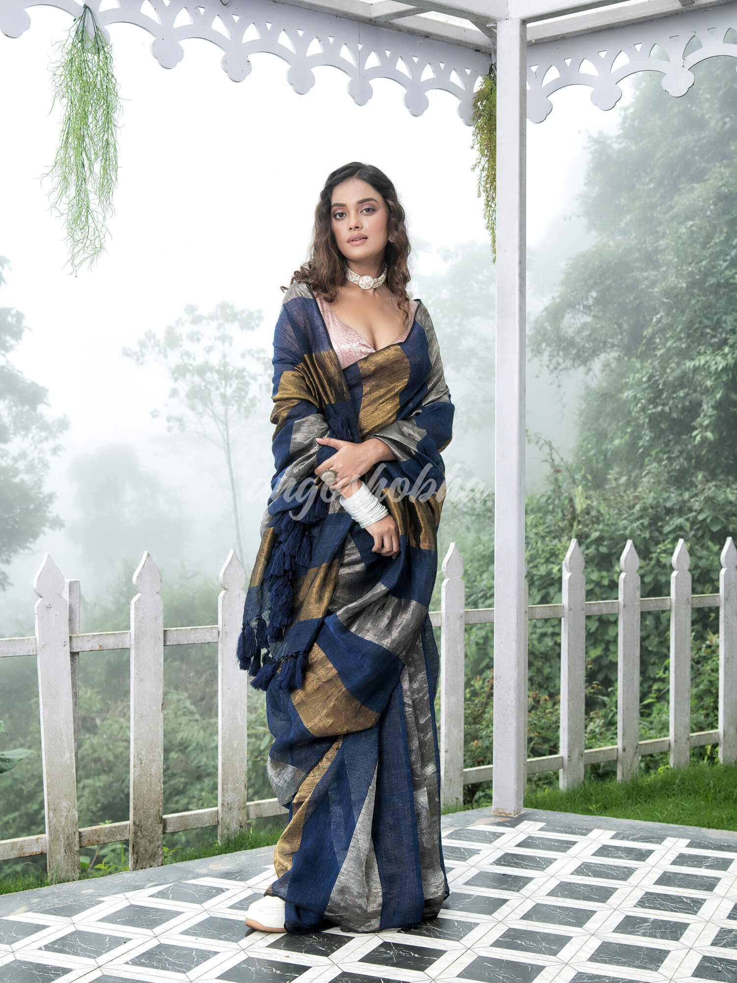 Blue Linen Multicolor Tissue Body with Blue  Tassels  Handwoven Saree