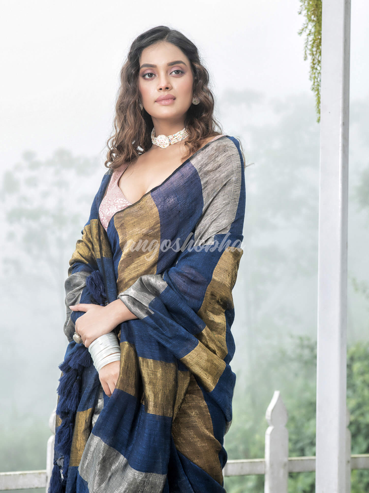 Blue Linen Multicolor Tissue Body with Blue  Tassels  Handwoven Saree