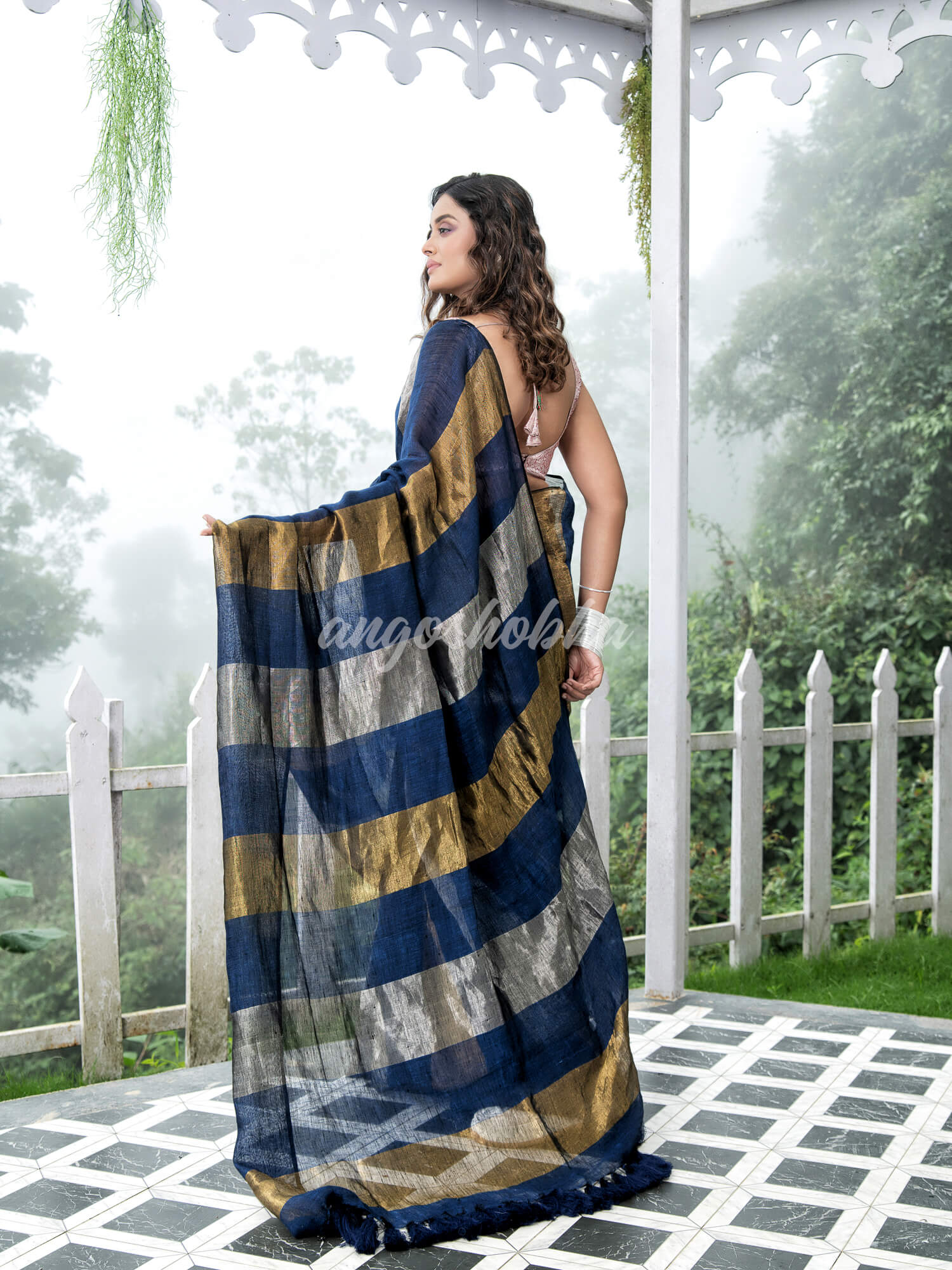 Blue Linen Multicolor Tissue Body with Blue  Tassels  Handwoven Saree