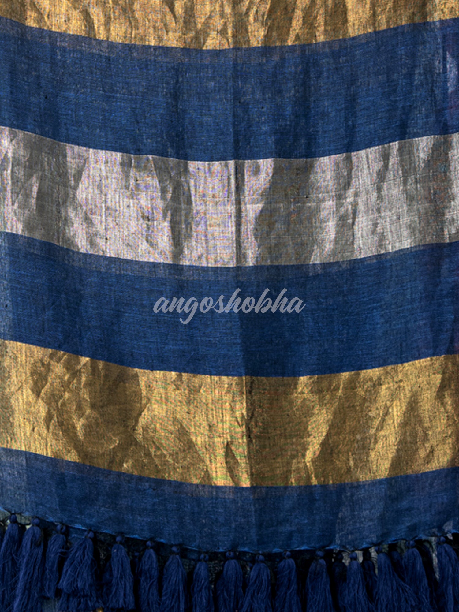 Blue Linen Multicolor Tissue Body with Blue  Tassels  Handwoven Saree