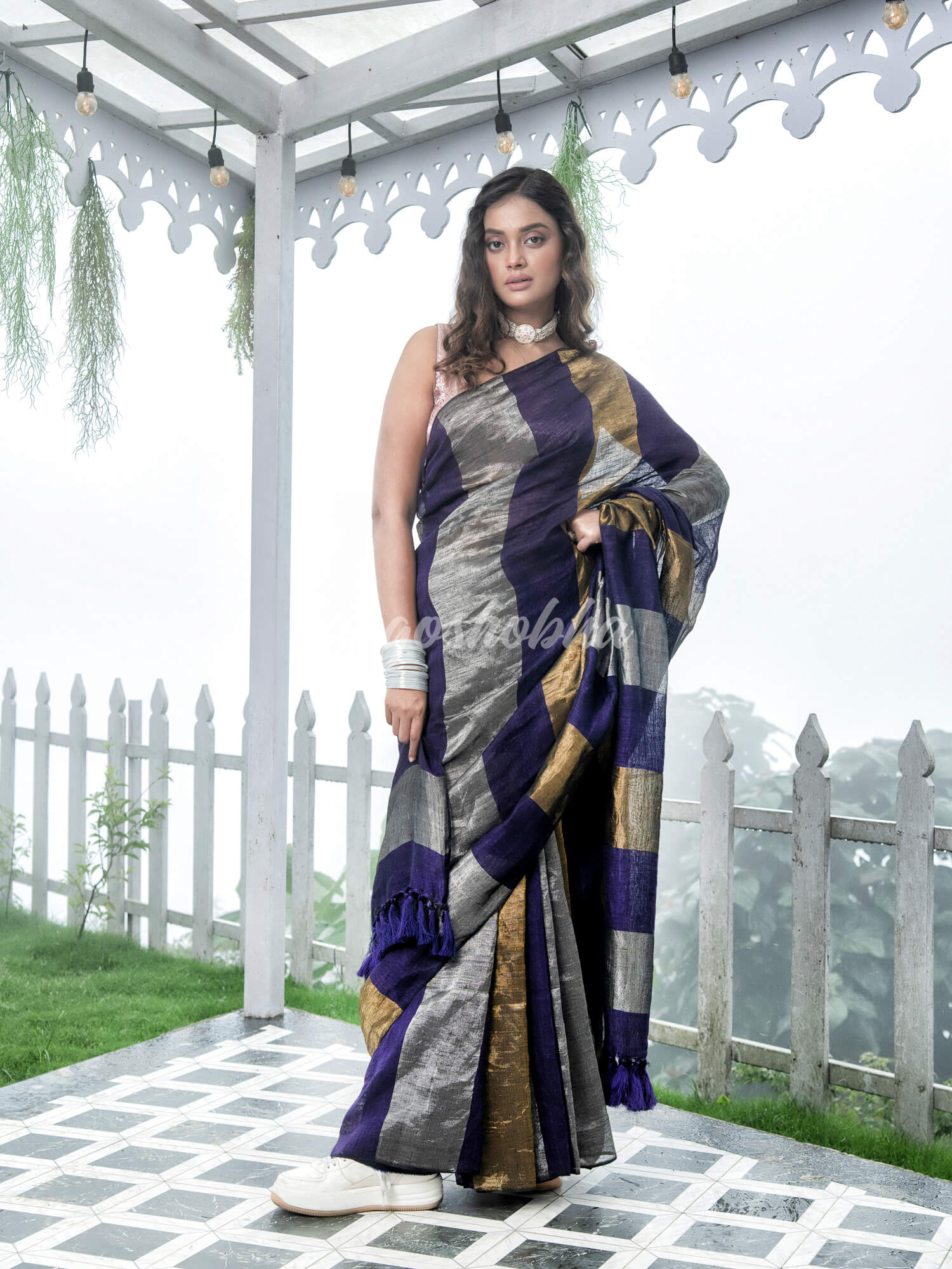 Purple Linen Multicolor Tissue Body with Purple Tassels Handwoven Saree