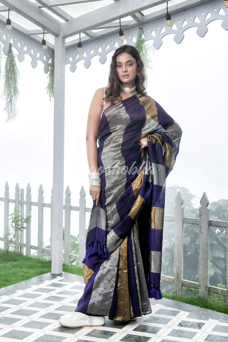 Purple Linen Multicolor Tissue Body with Purple Tassels Handwoven Saree
