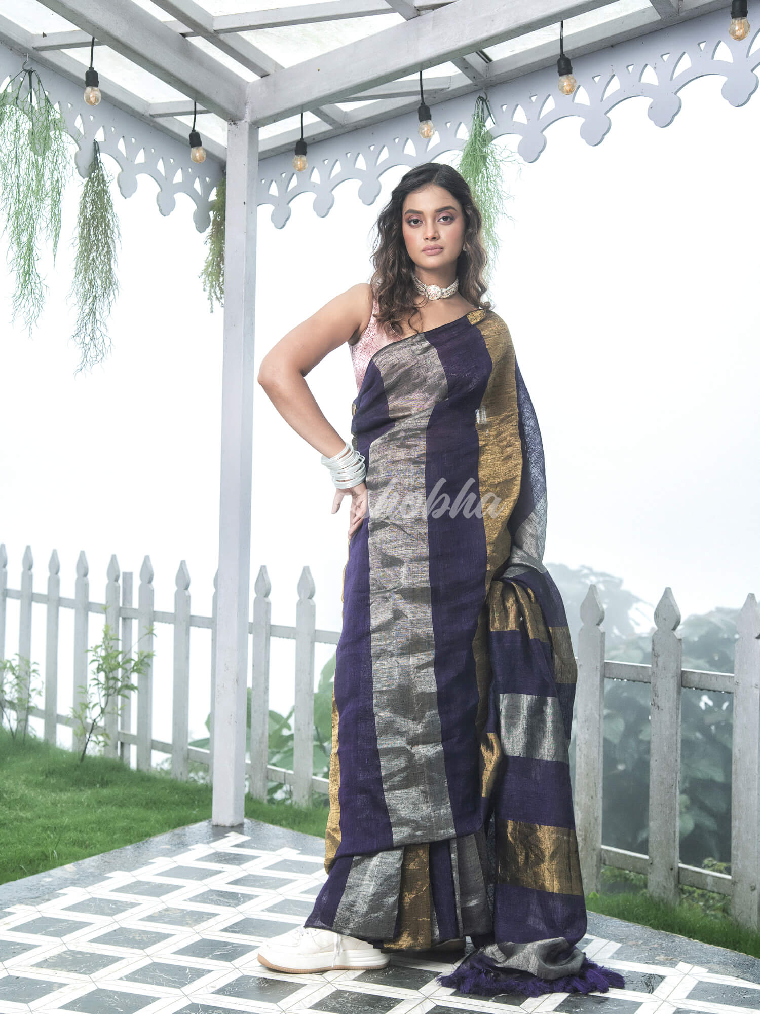 Purple Linen Multicolor Tissue Body with Purple Tassels Handwoven Saree