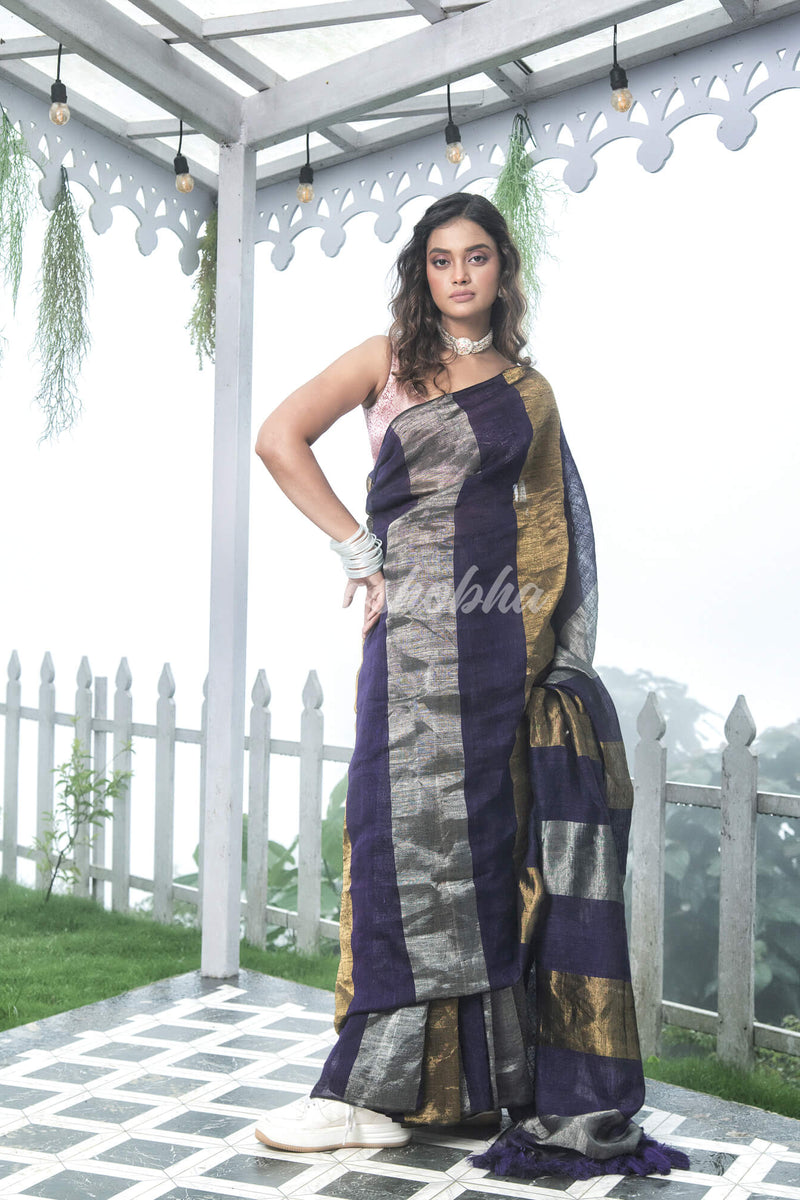 Purple Linen Multicolor Tissue Body with Purple Tassels Handwoven Saree