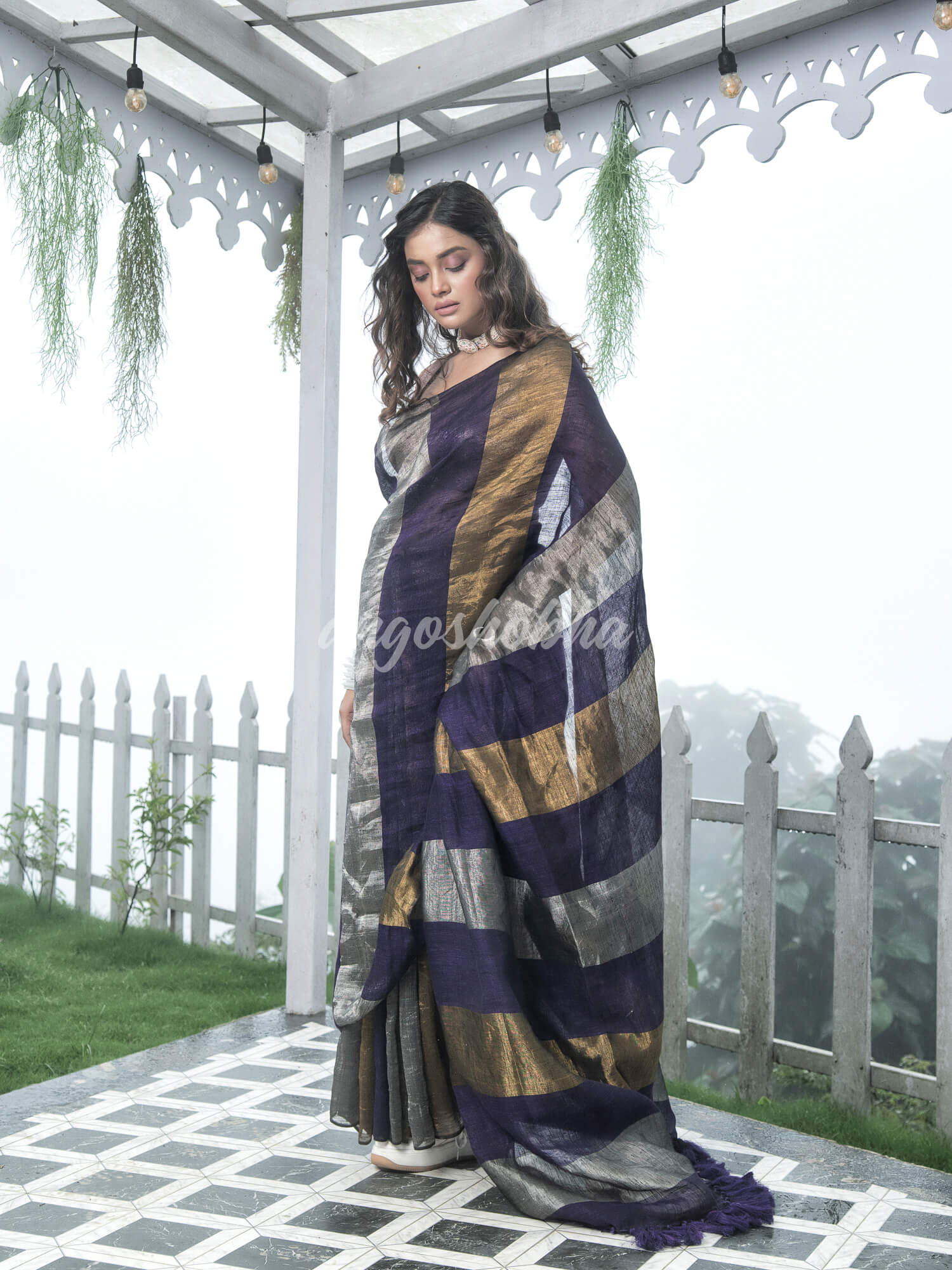 Purple Linen Multicolor Tissue Body with Purple Tassels Handwoven Saree