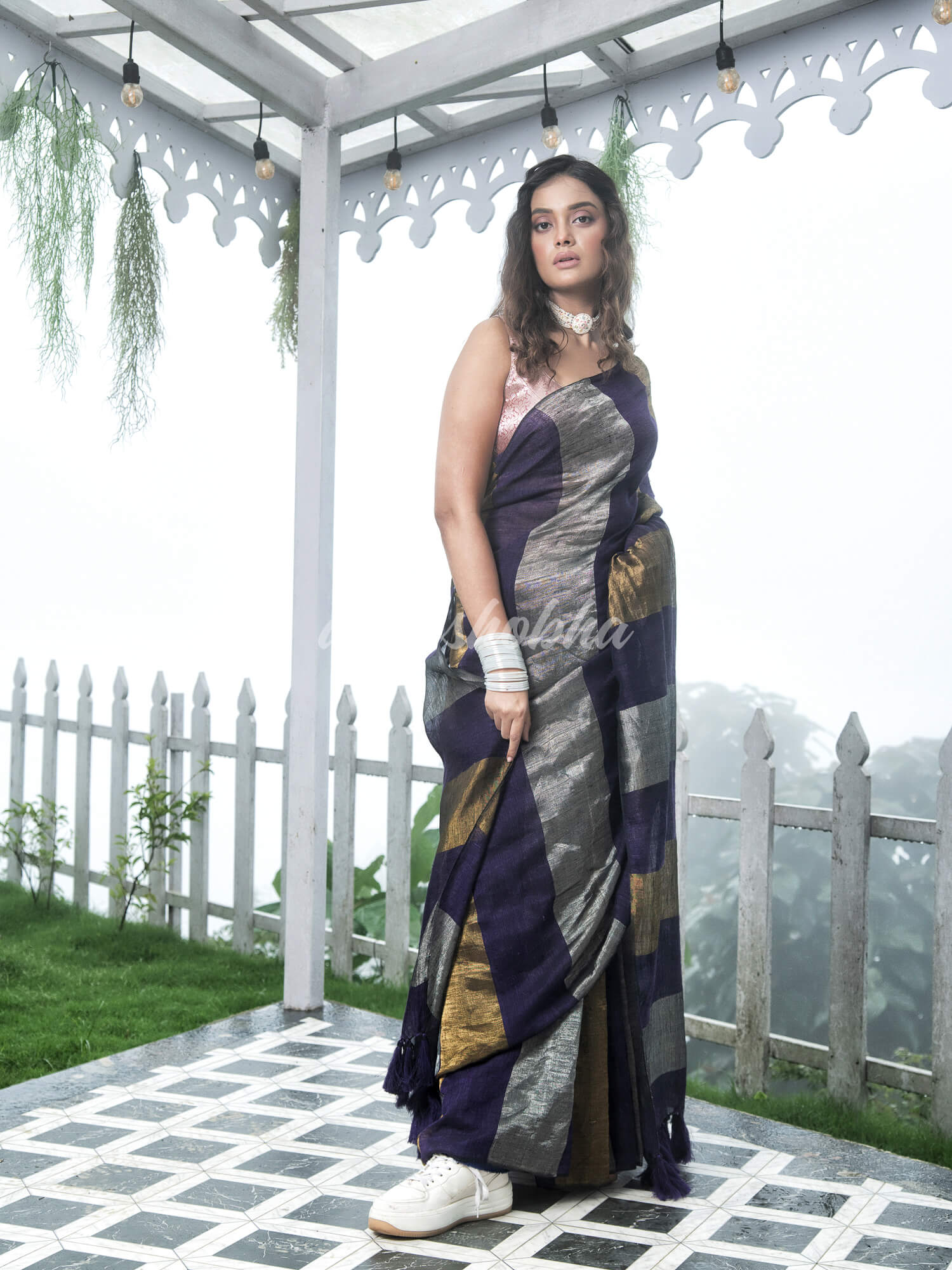 Purple Linen Multicolor Tissue Body with Purple Tassels Handwoven Saree