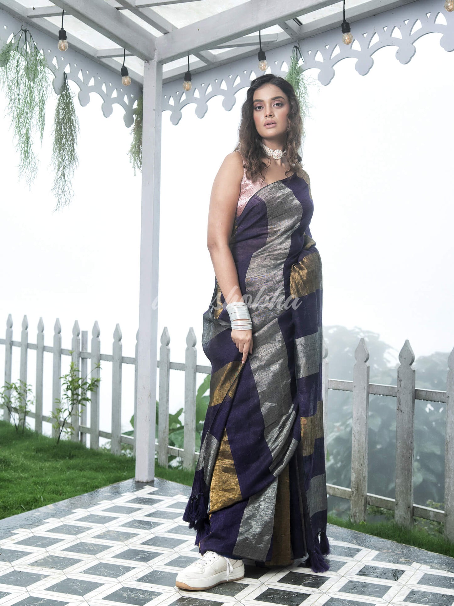 Purple Linen Multicolor Tissue Body with Purple Tassels Handwoven Saree