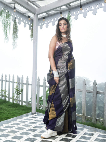 Purple Linen Multicolor Tissue Body with Purple Tassels Handwoven Saree