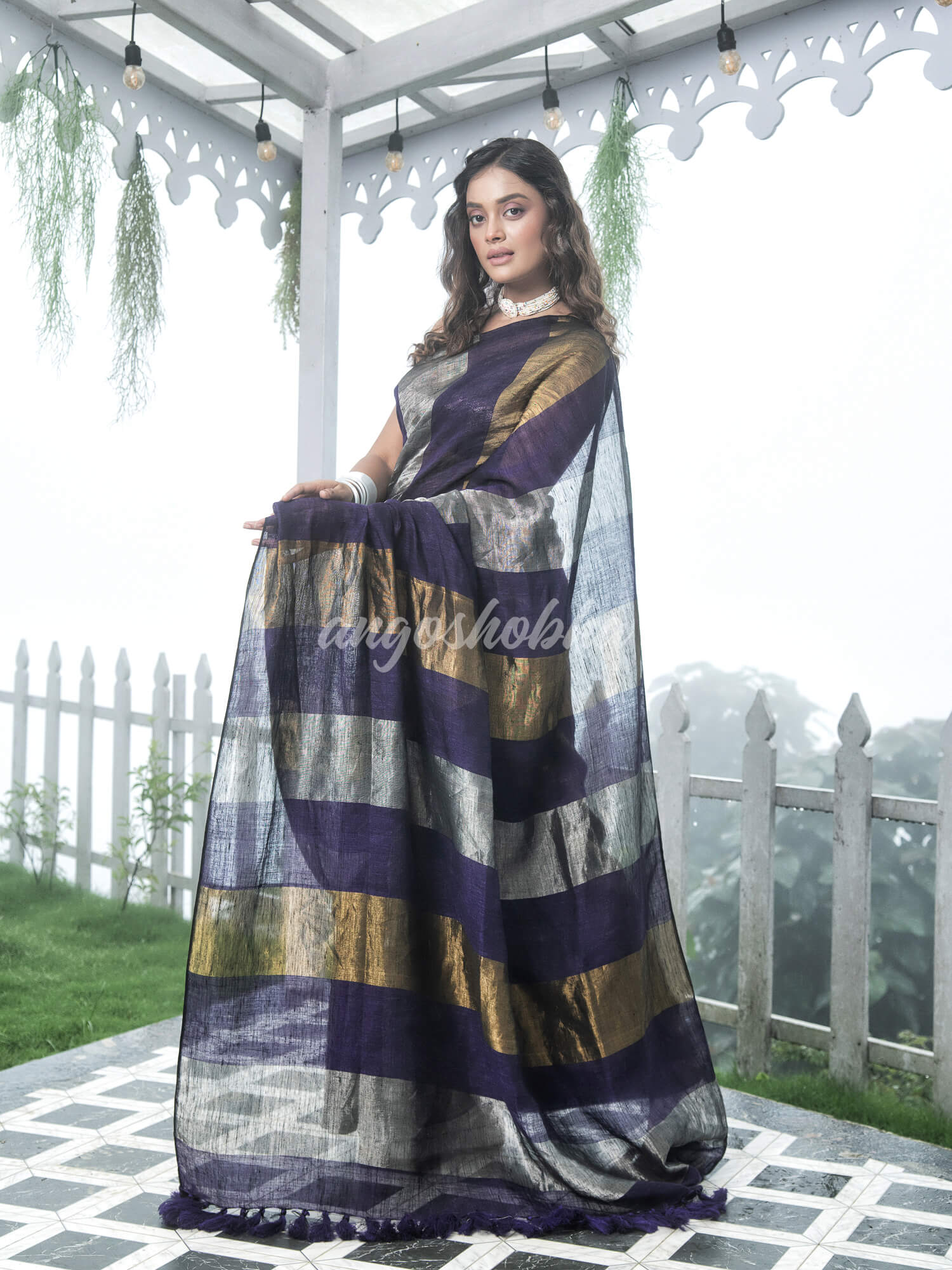 Purple Linen Multicolor Tissue Body with Purple Tassels Handwoven Saree