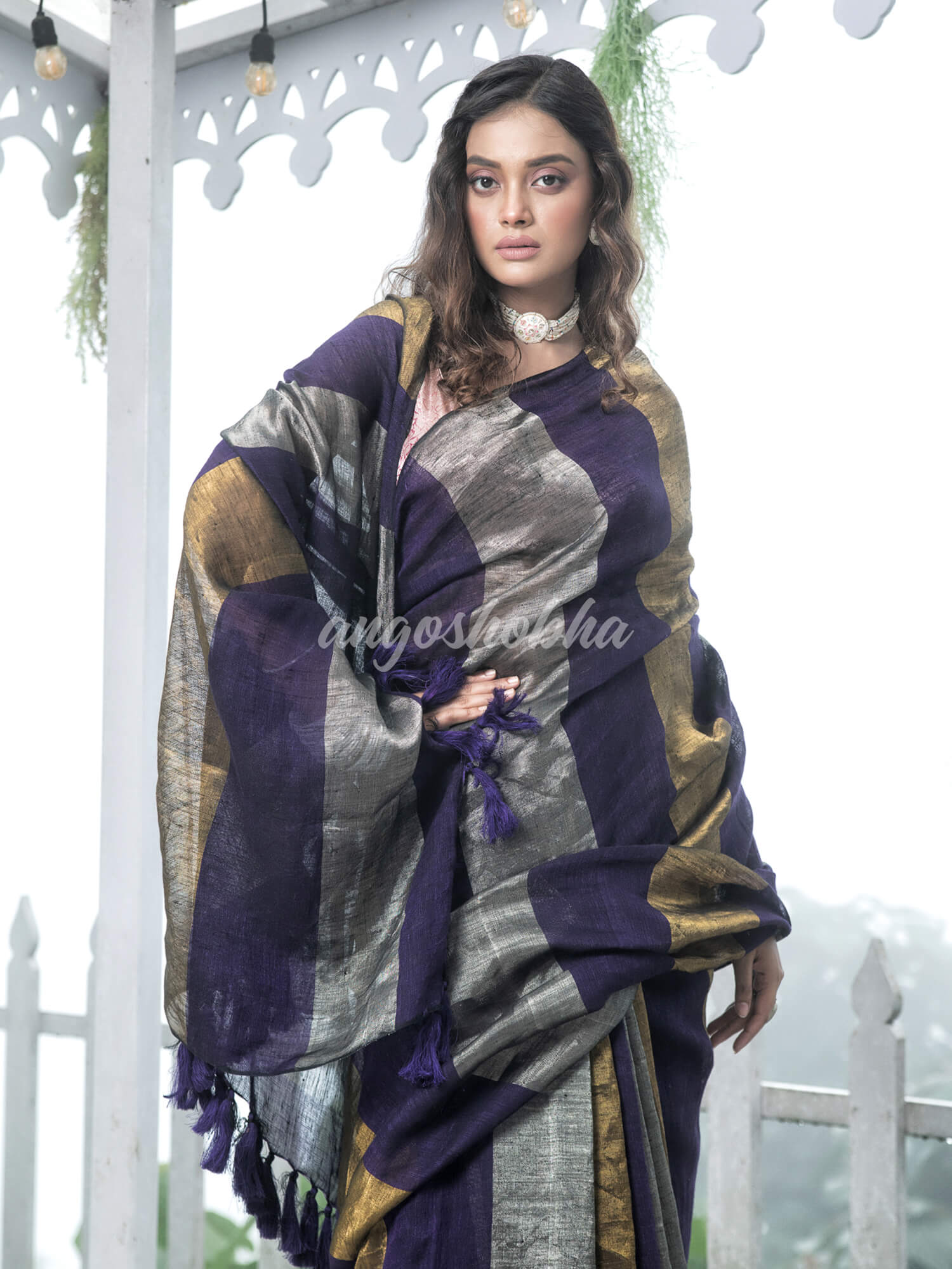 Purple Linen Multicolor Tissue Body with Purple Tassels Handwoven Saree