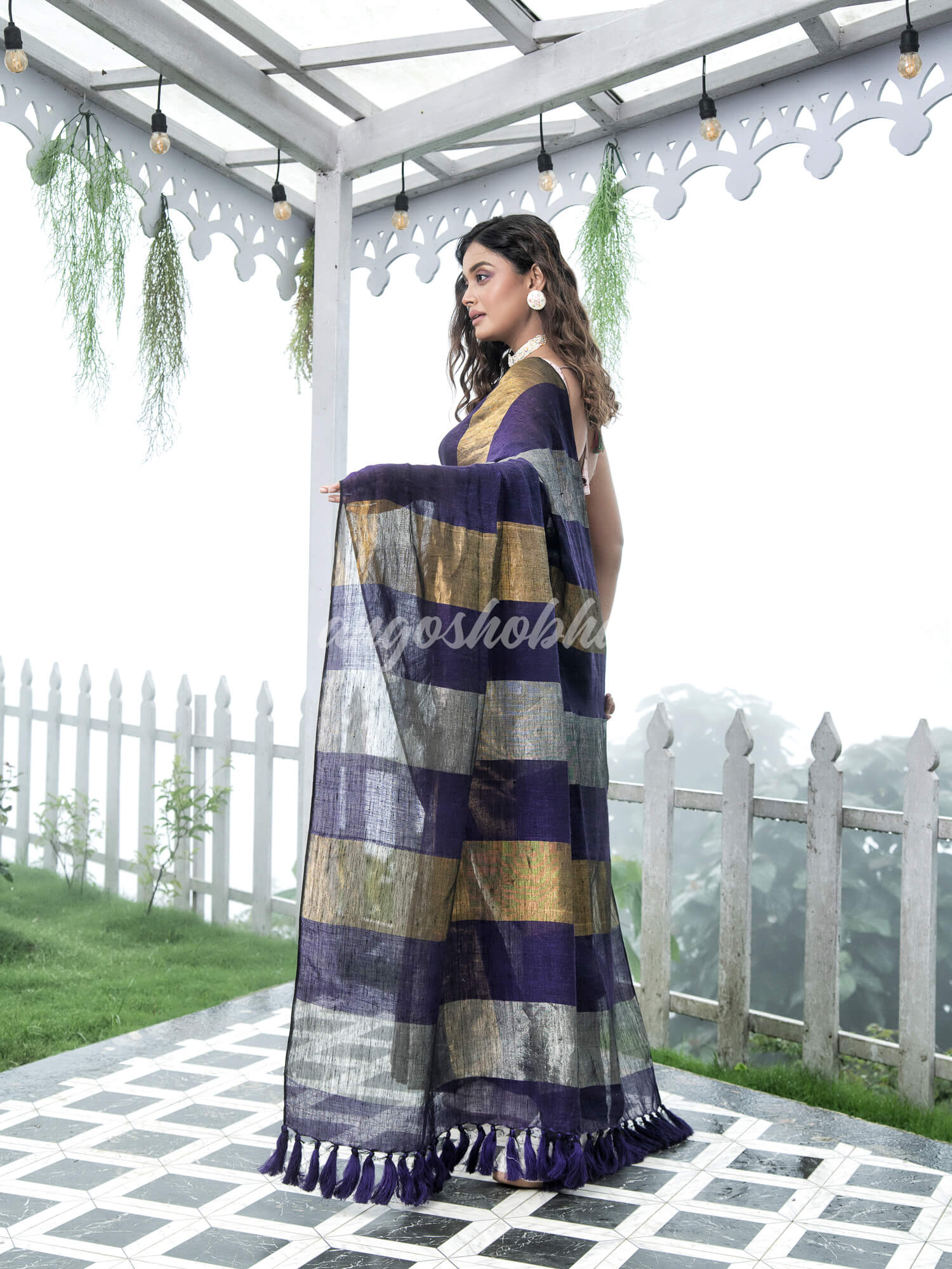 Purple Linen Multicolor Tissue Body with Purple Tassels Handwoven Saree
