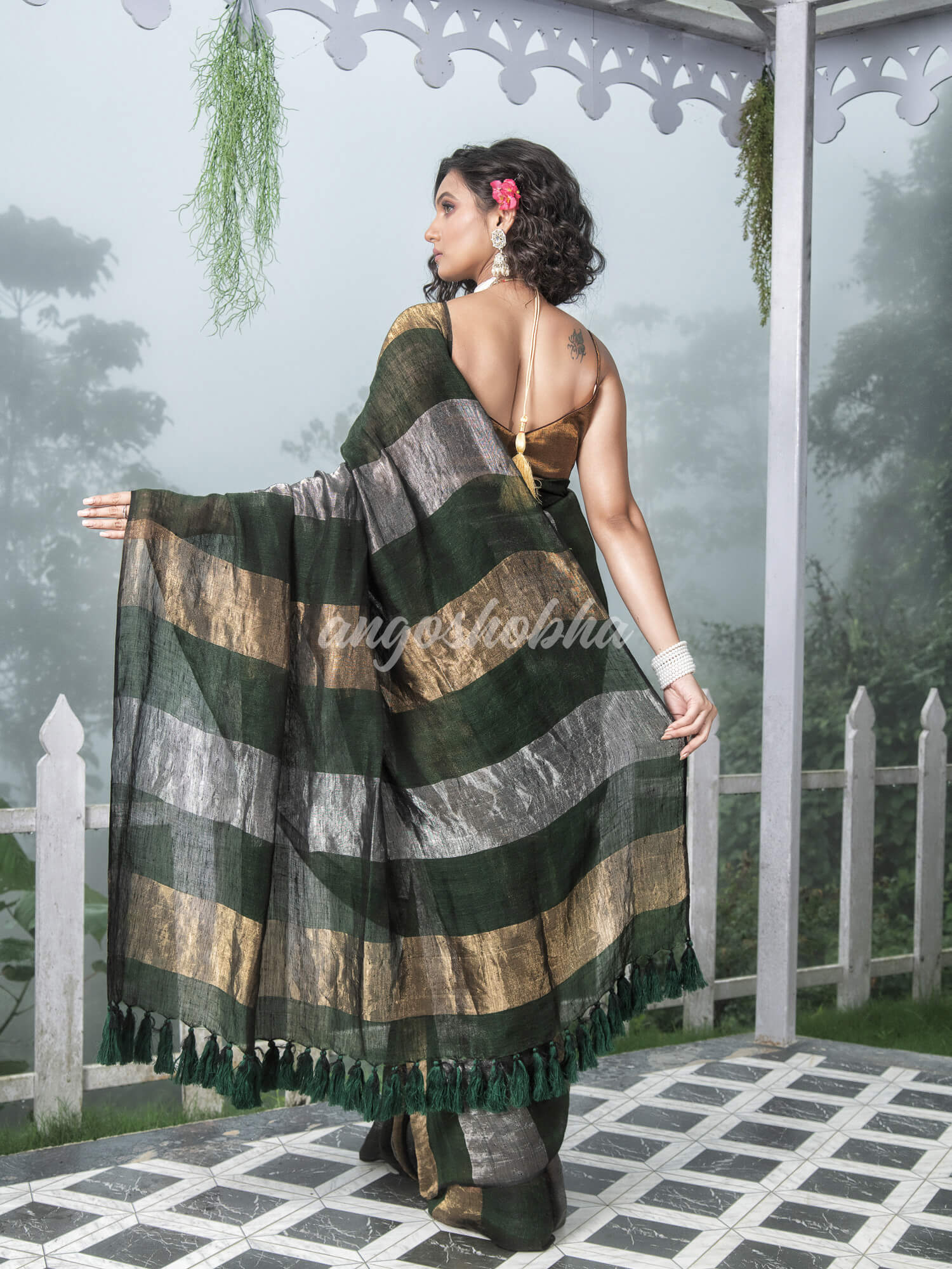 Bottle Green Linen Multicolor Tissue Body with Bottle Green Tassels Handwoven Saree