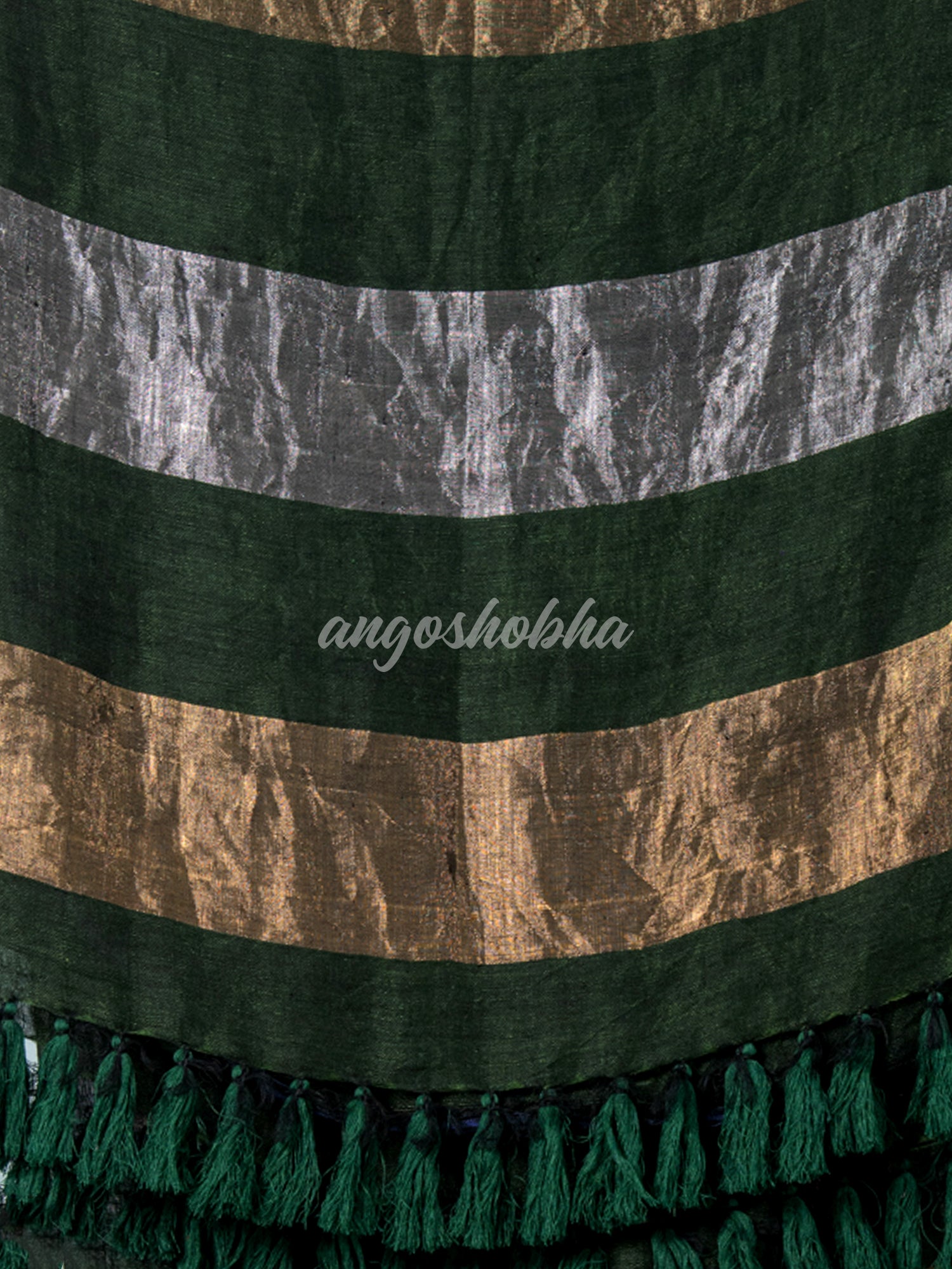 Bottle Green Linen Multicolor Tissue Body with Bottle Green Tassels Handwoven Saree