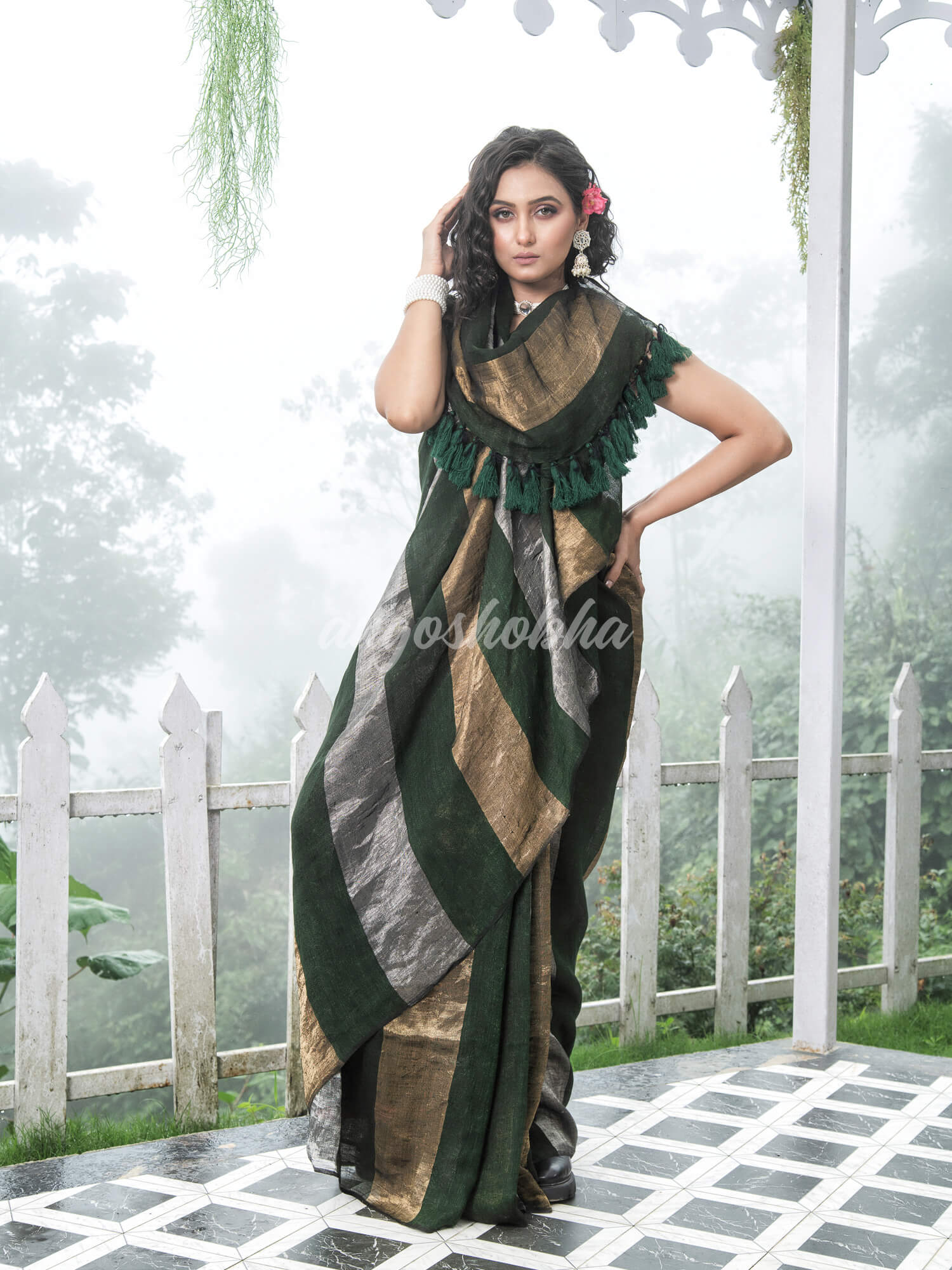 Bottle Green Linen Multicolor Tissue Body with Bottle Green Tassels Handwoven Saree