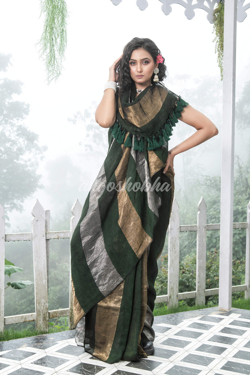 Bottle Green Linen Multicolor Tissue Body with Bottle Green Tassels Handwoven Saree