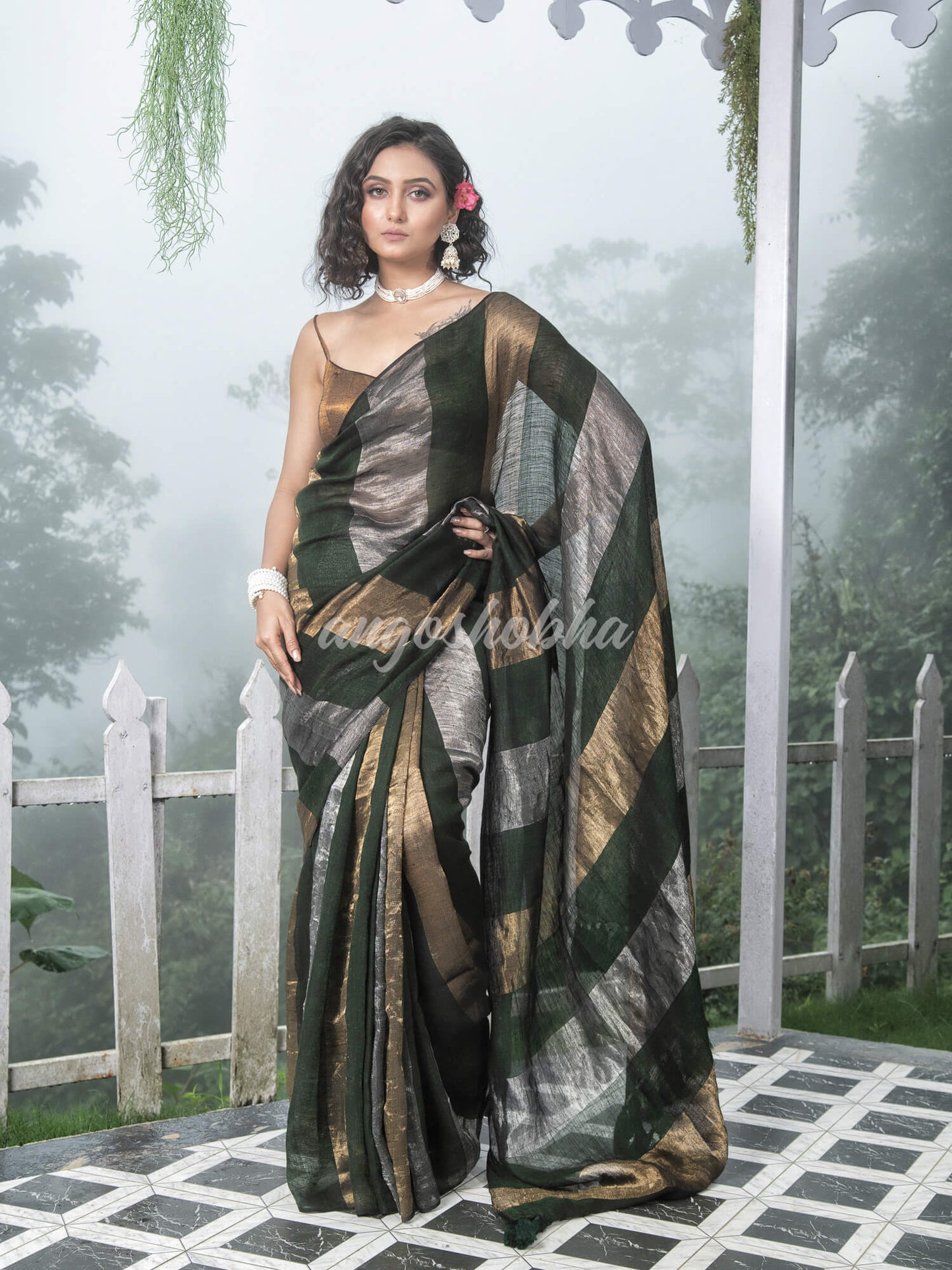 Bottle Green Linen Multicolor Tissue Body with Bottle Green Tassels Handwoven Saree