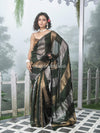 Bottle Green Linen Multicolor Tissue Body with Bottle Green Tassels Handwoven Saree