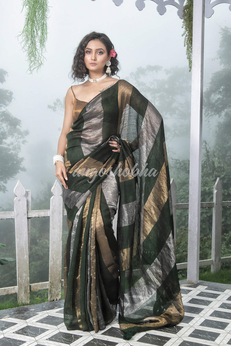 Bottle Green Linen Multicolor Tissue Body with Bottle Green Tassels Handwoven Saree
